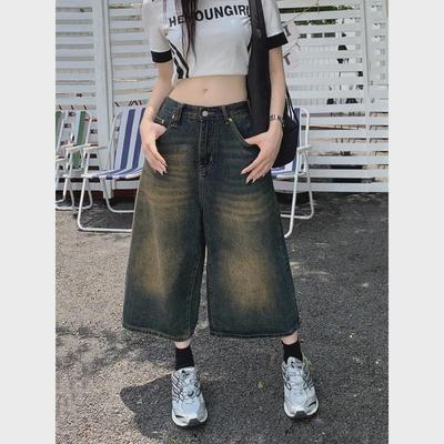 Unisex Retro Distressed Wide-Leg Denim Shorts - Washed, Loose, and Versatile Cropped Pants