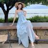 New French Ruffle Edge Neck Dress, Children's Beach Vacation Style Temperament, Waist and Thin Dress