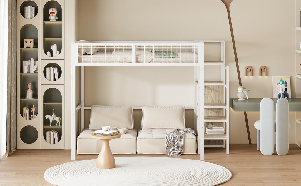 Loft bed 140*200 with ladder, children's bed with iron frame and storage shelf, wardrobe white (Old SKU LDB00198AAK)