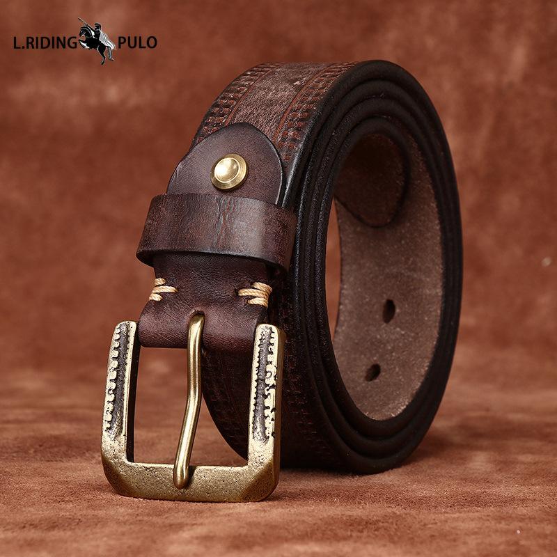 Retro Personality Embossed Matte Leather Belt Men's First Layer Cowhide Casual Jeans Belt