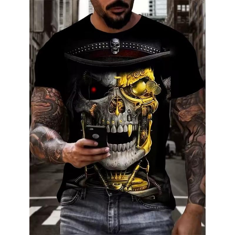 Men's Summer Casual T-Shirt 3D Golden Lightning Skull Print Short Sleeve Streetwear