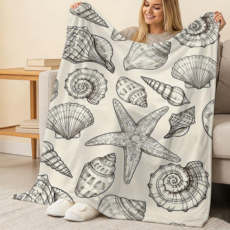 Thick Warm Flannel Blanket Marine Design (Shell & Starfish), Soft Cozy Throw for Home, Guest Room, Single Use, Christmas & Halloween