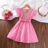 Children'S Clothing European And American Style Girls' Dress New Summer Model With Flutter Sleeves Lace Trim Small V-Neck Princess Dress