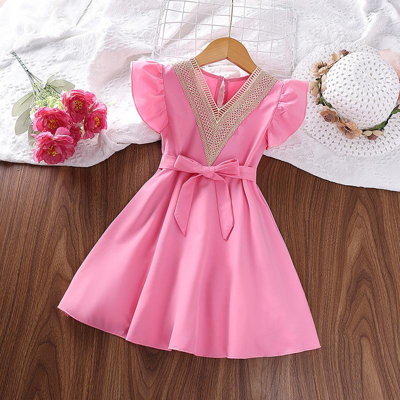 

Children S Clothing European And American Style Girls Dress New Summer Model With Flutter Sleeves Lace Trim Small V-Neck Princess Dress 11-12Y рожевий