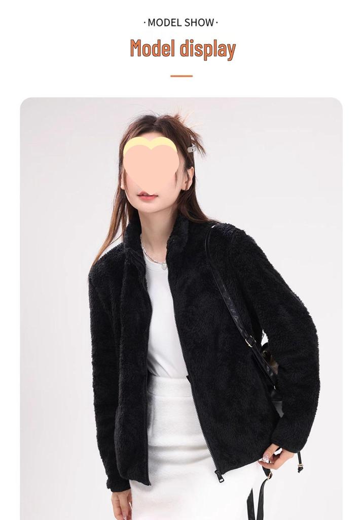 Women's 2026 Double-Sided Fleece Jacket: Grey, Warm Stand Collar, Trendy Autumn/Winter Outerwear