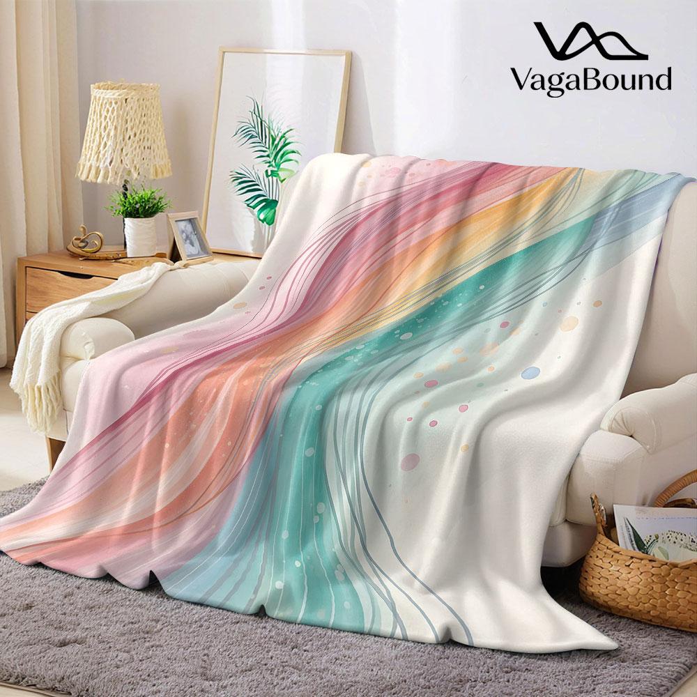 rainbow watercolor wave line Flannel Blanket Warm Soft Halloween Christmas Decorative Couch Warm Cozy All-Season Gift