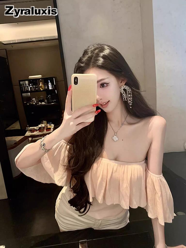 Summer Korean Yout Style Cropped Slim Fit Tube Top Shoulderless Top Pink Ruffled One-Shoulder T-Shirt for Women