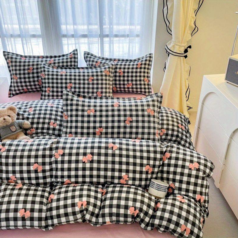Ins Pink Plaid Bedding Set No Filler Twin Queen Size Comforter Cover Flat Sheet Pillowcase Girls Boys Solid Blanket Duvet Duvet