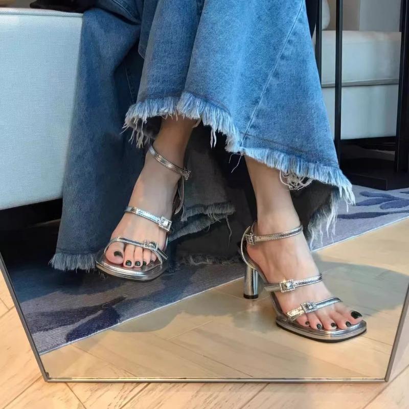 Rhinestone temperament sandals women's new summer silver square head open-toe buckle strap thick heel high heels
