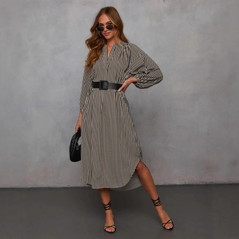 2025 Spring Autumn Elegant Stripe Women's Long Dresses With Belt Long Sleeve V-neck Casual Oversized Irregular Dress Female Robe