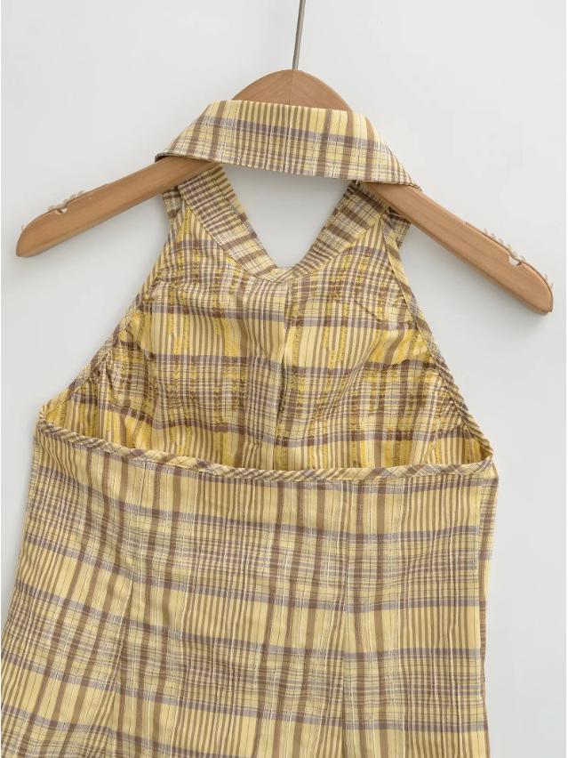 Women's Yellow Plaid Halter Vest & Elastic Waist Shorts Set - Summer 2026