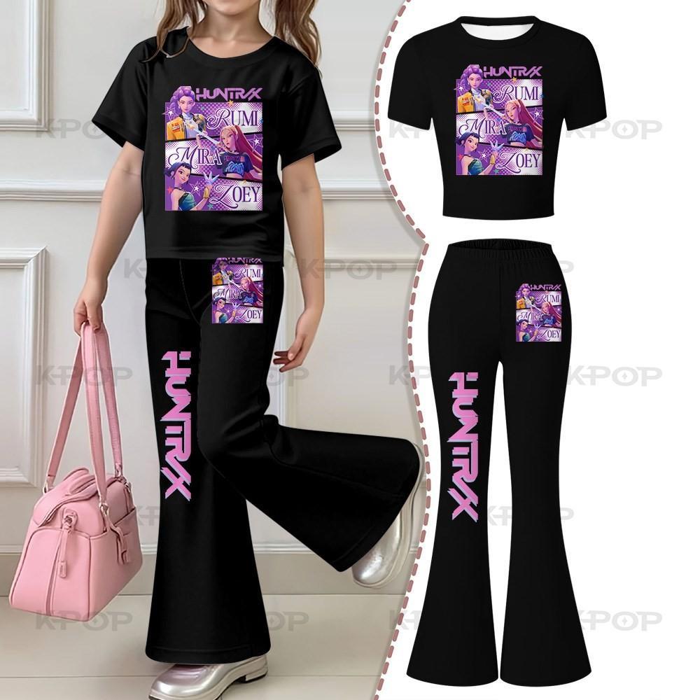 2026 Children's Kpop Hunter Short Sleeve Set Girls' New Style, Regular Short Sleeve Top and Bell Bottom Pants Two Piece Set