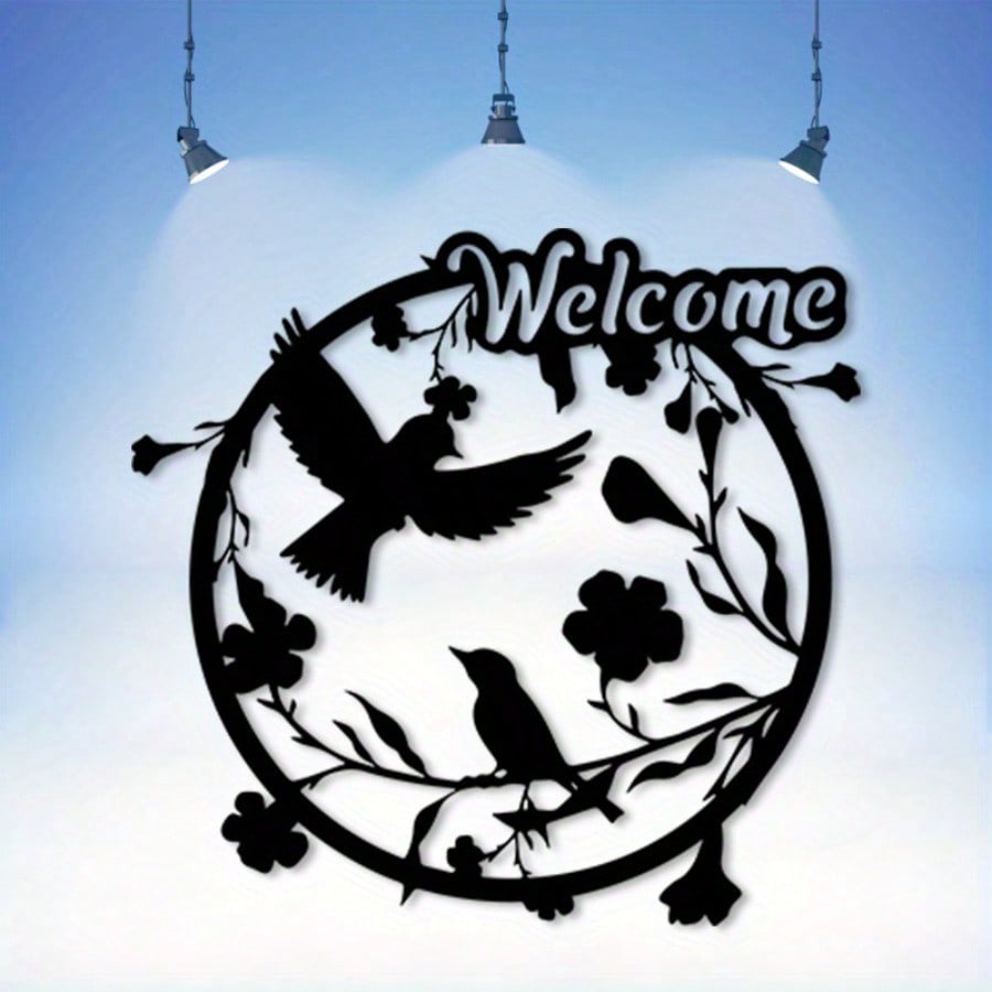 Vintage Welcome Birds Tree Metal Wall Art Rust Resistant Circular Silhouette with Florals Home Decor Patio Living Room Bedroom