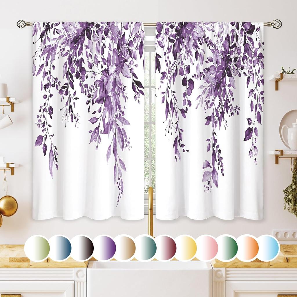 Eucalyptus Botanical Leaves Purple Floral Kitchen Window Curtains Over Sink Farmhouse Flower Leaf Small Window Treatment Cafe Sh