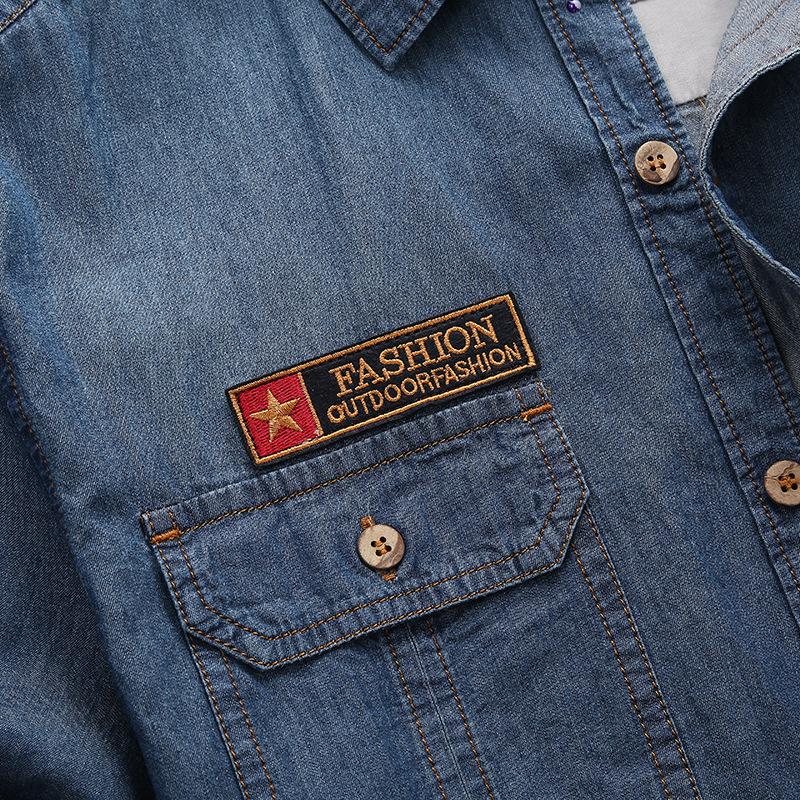 Men Multi pockets Blue Denim Shirts Summer Male Short Sleeve Tooling Shirts Men Cotton Casual Jeans Shirts 4XL