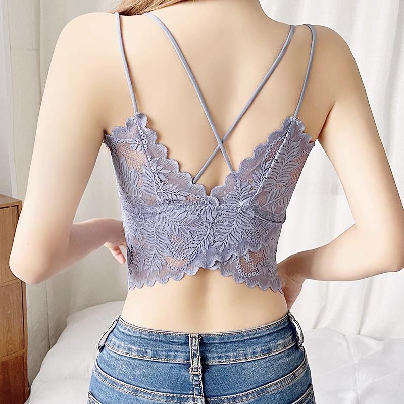 Butterfly Lace Wrap Chest Cross Strappy Tank Top with Pads - Sexy, Thin Bandeau Base Layer Lingerie for Women