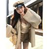 Kumikumi Pure Desire Style Apricot Sweater Outwear Women's Lace Camisole Autumn Khaki Shorts Three-Piece Set