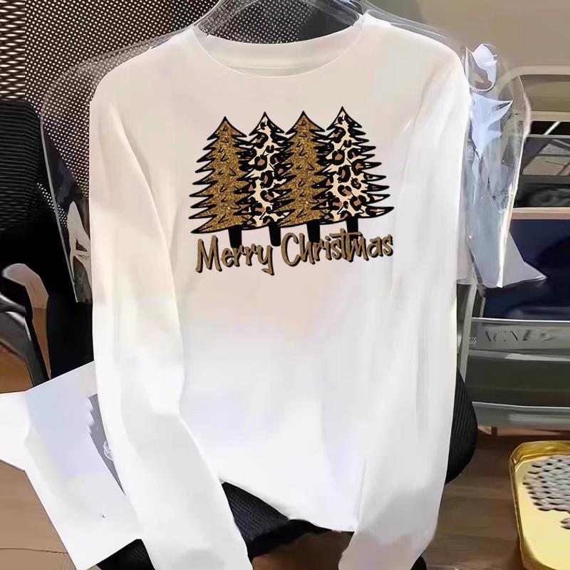 (Asian Size) Tree Watercolor Cute Graphic Tee Women Print T Shirt Christmas New Year Autumn Winter Casual Fashion Top Clothing Long Sleeve T-shirts