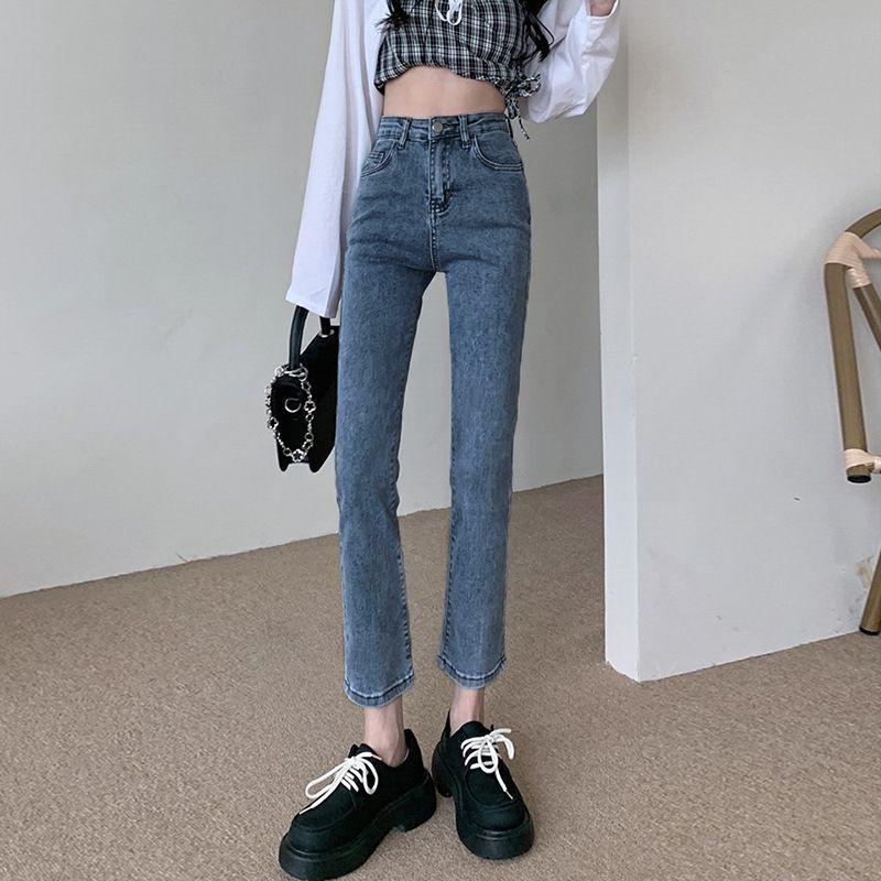 

Women s Slim Straight High Waist Cigarette Jeans - Loose Korean Style, Spring/Autumn, Nine-Tenth Length 29