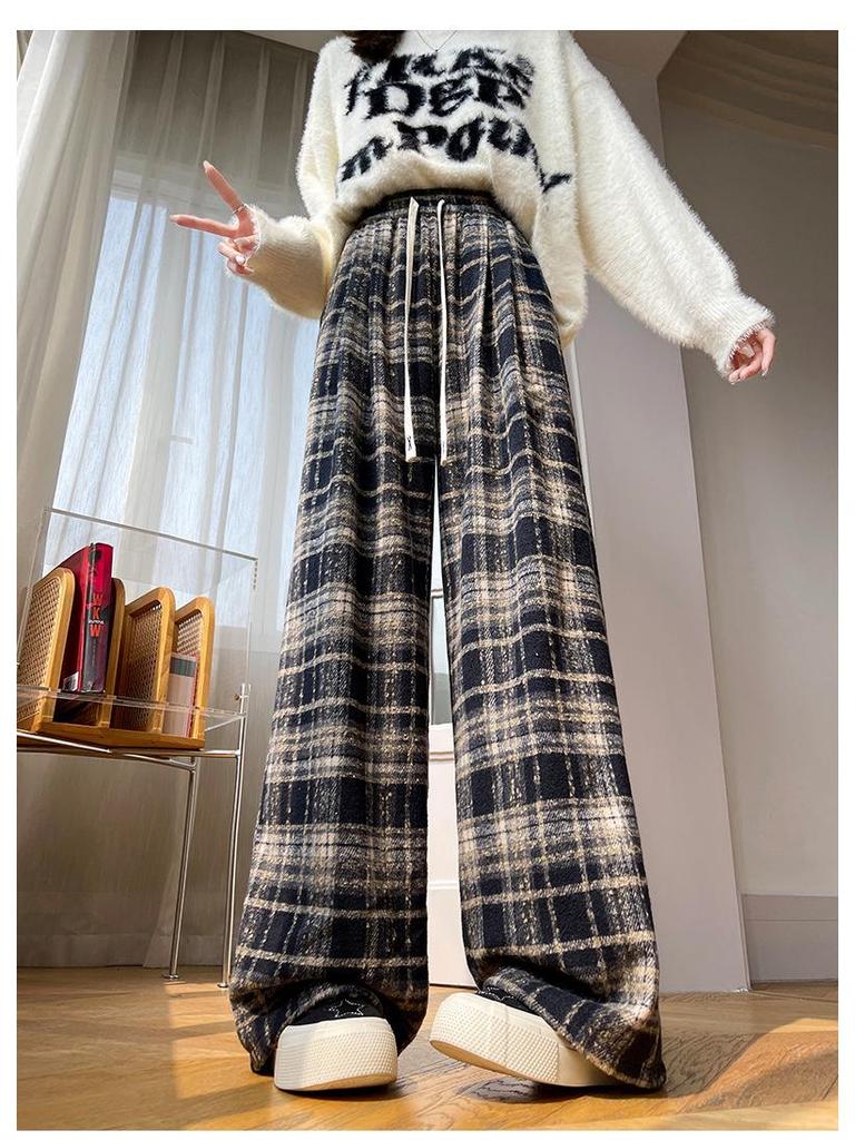 Women's Plaid Velvet-Lined Wide-Leg Pants - Autumn/Winter 2025 Retro Style