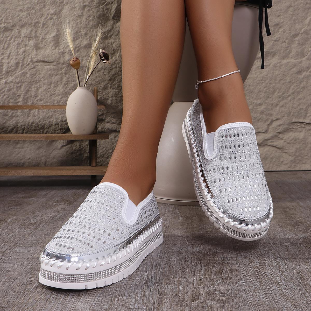 Модные роскошные женские туфли на плоской подошве с кристаллами женские сексуальные повседневные туфли на платформе женские туфли на плоской подошве со стразами большие размеры 36-45 36 белый 5375₽