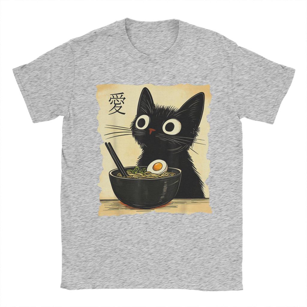 Men's Japanese Black Cat Ramen T Shirts Kawaii Noodle Cat Cotton Clothing Creative Short Sleeve Crew Neck Tees Summer T-Shirt