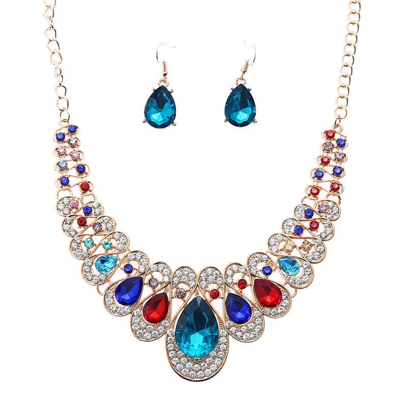 Cross-border Jewelry Wish Explosion, Amazon Hot Sale, European and American Big Gem Exaggerated Necklace Set, Jewelry Set