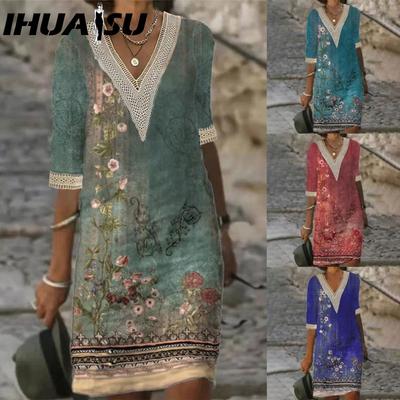 Women's Fashion Summer Spring 2/1 Sleeve V-Neck Casual Dresses