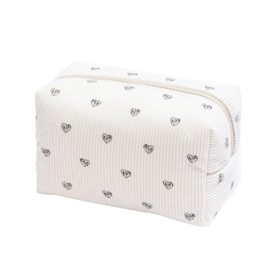Corduroy Makeup Bag with Heart Pattern Portable Travel Cosmetic Bag Zipper Makeup Pouch Toiletry Organizer Purse for Women Girls