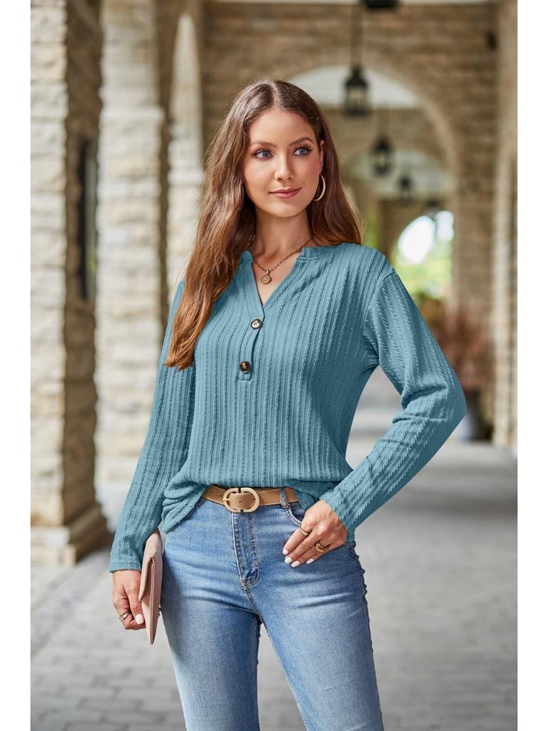 2024 Autumn Winter New Women Long Sleeve T-shirts Ladies Fashion Buttons V-neck Knitted Tee Shirt Female Solid Color Casual Tops