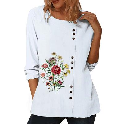 Witte Casual Top voor Dames met Verschillende Geprinte Patronen, Ronde Hals en Lange Mouwen