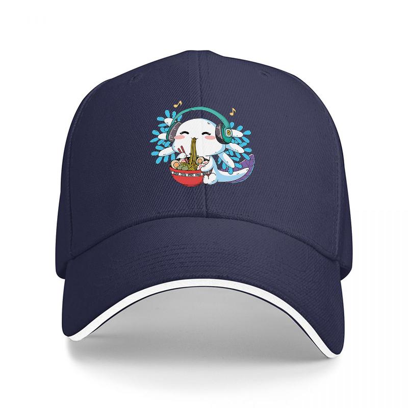 Cute Dragon Eating Noodles with Headphones Baseball Cap Music Food Theme Design Black Hat for Adults