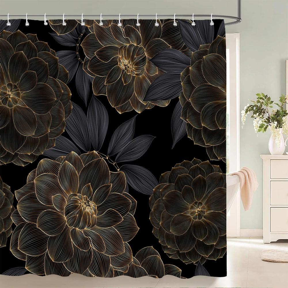 1pc Art golden flowers print shower curtain waterproof fabric,Floral pattern partition curtain decorate bathroom curtain