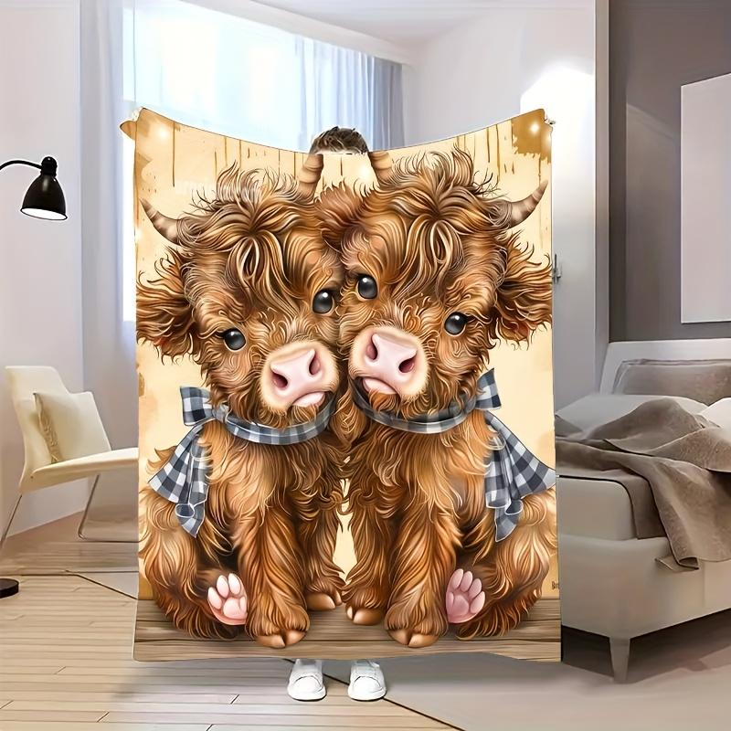 Customization Cute Cartoon Highland Cow Flannel Blanket | Soft Warm All-Season Throw | Perfect For Sofa Bed Office Travel