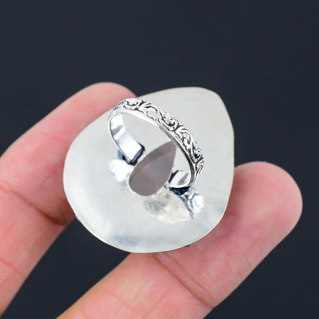 925 Sterling Silver Rose Quartz Gemstone Heart Chakra Artisan Unique Ring Size 8