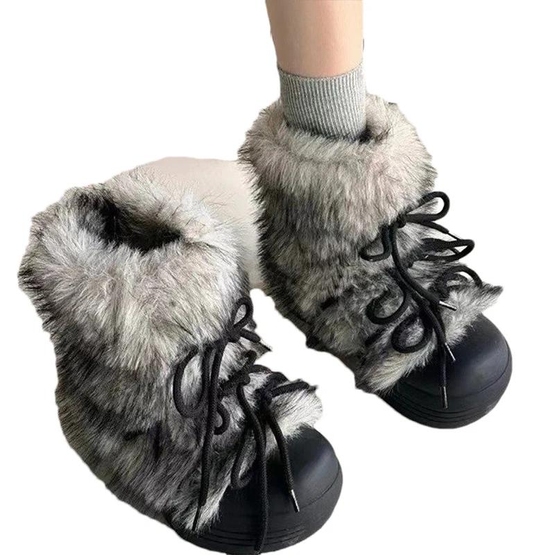 Fashion Bow Platform Women Snow Ankle Boots Fur Designer Fashion Short Plush Flats Cotton Shoes 2025 Trend Warm Cozy Winter Botas Mujer
