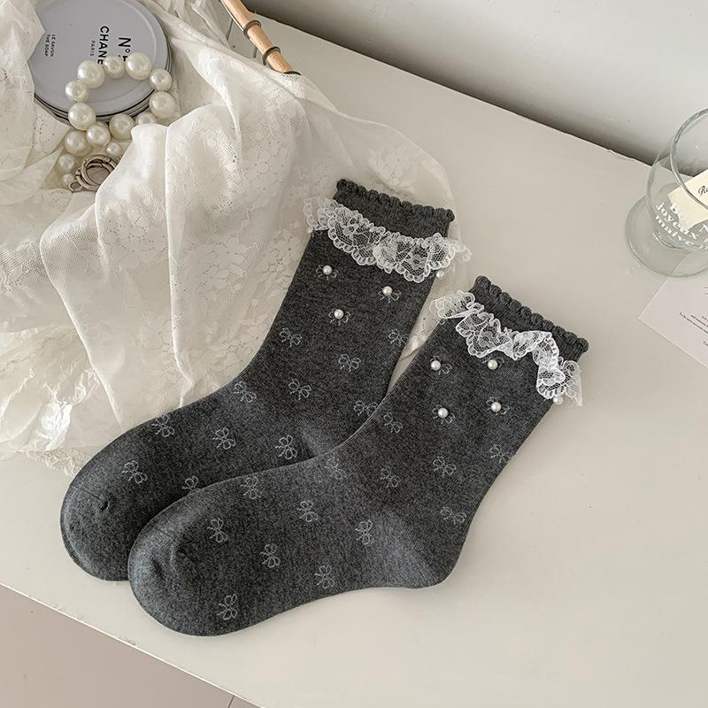 Female Spring and Autumn Sweet Lace Lace Pin Bead Bow Ballet Style Boneless Drum Pile Socks