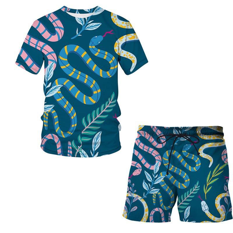 European and American Amazon Summer New Colorful Patterned 3D Print T-shirt Men's Casual Short Sleeve Shorts Short Sleeve Set