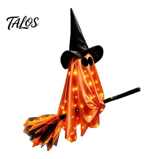 Whimsical Ghost Witch Figurine Halloween Flying with Broom, Large Lighted Hanging Decoration Glowing Window Hat for Lawn Patio Porch Backyard