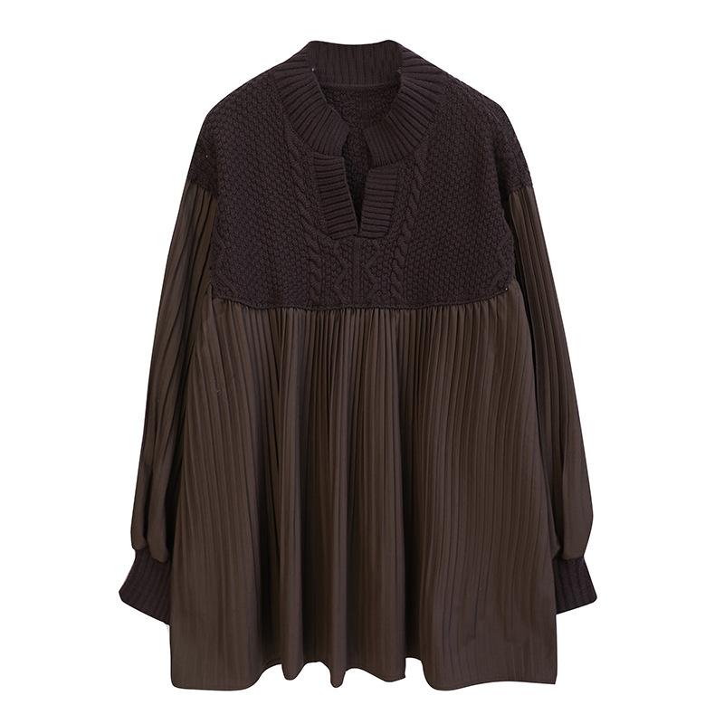 Plus Size Women Lantern Sleeve Pleated Patchwork Sweater Spring Autumn Loose Casual Knitted V-neck Shirt Oversized Tops