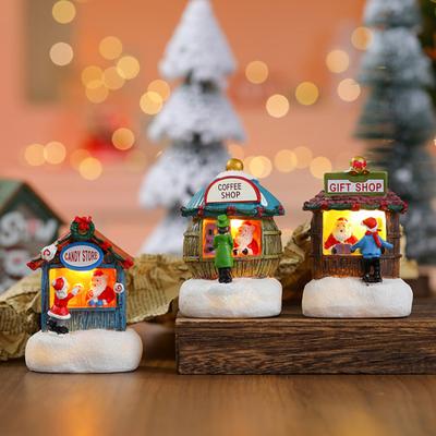 Christmas Winter Village House Ornaments Mini Light-up Christmas Shop with Santa Resin Desktop Figurine Holiday Home Decor
