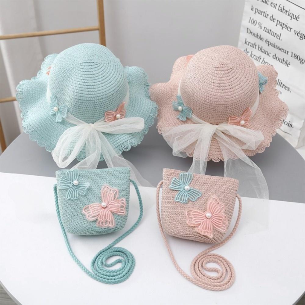 Lace Children Beach Straw Hat Wide Brim Fisherman Hat Sweet Sun Hat  for 2-8 Years Kids