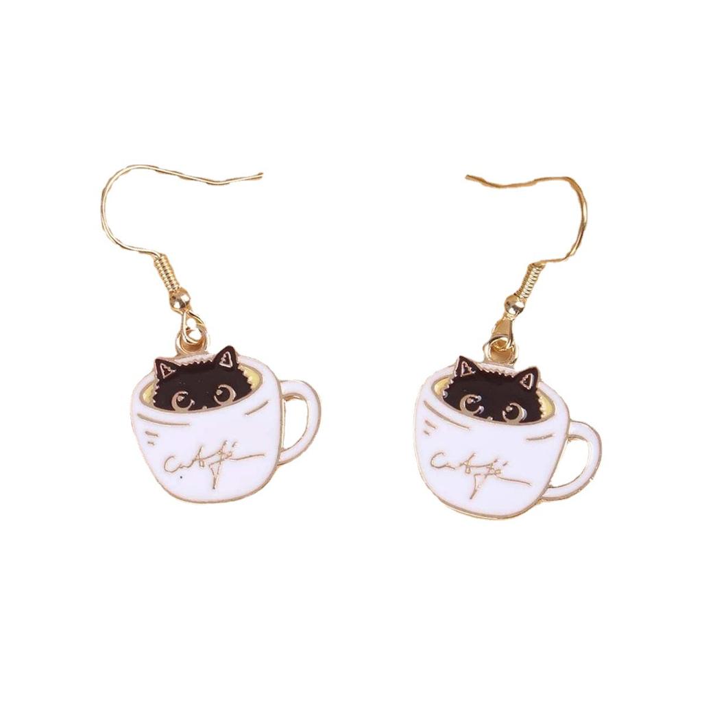 Korean version handmade small pendant teacup cat earrings, cute animal saucer cat alloy accessories stud earrings E8191
