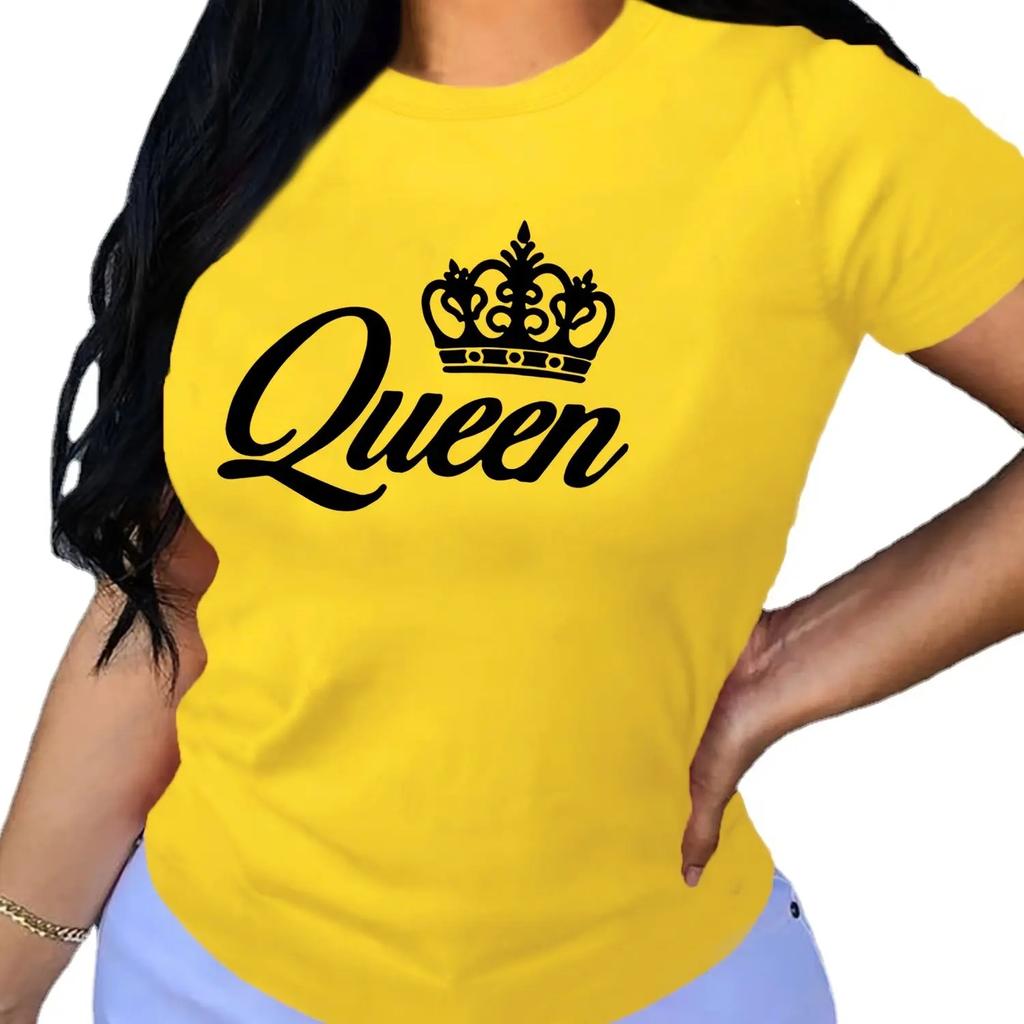 Queen Fashion Print Tricou pentru femei Top casual cu mânecă scurtă pentru primăvară și vară, îmbrăcăminte pentru femei, elemente de bază, guler O