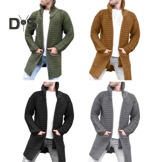 Men Cardigan Coat Knitted High Collar Long Sleeves Warm Pockets Sweater Coat Mid Length Pure Color Fall Winter Jacket