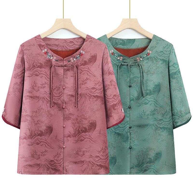 2026 Spring/Summer Embroidered Lace-up Round Neck Top for Middle-aged Women – Short Sleeve Chinese Style Shirt