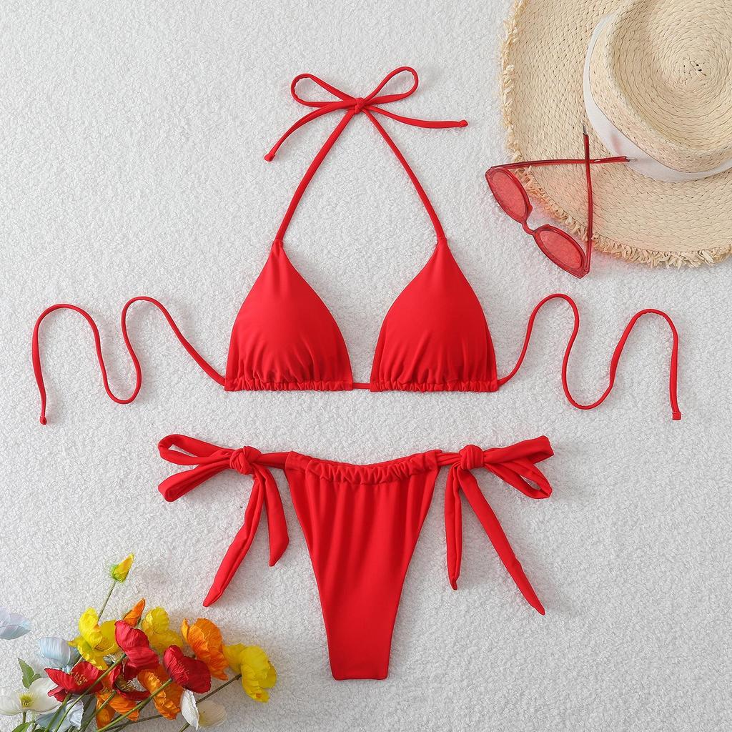 2026 Women's Solid Color Lace-up Halter Triangle Bikini Set - Sexy Swimsuit
