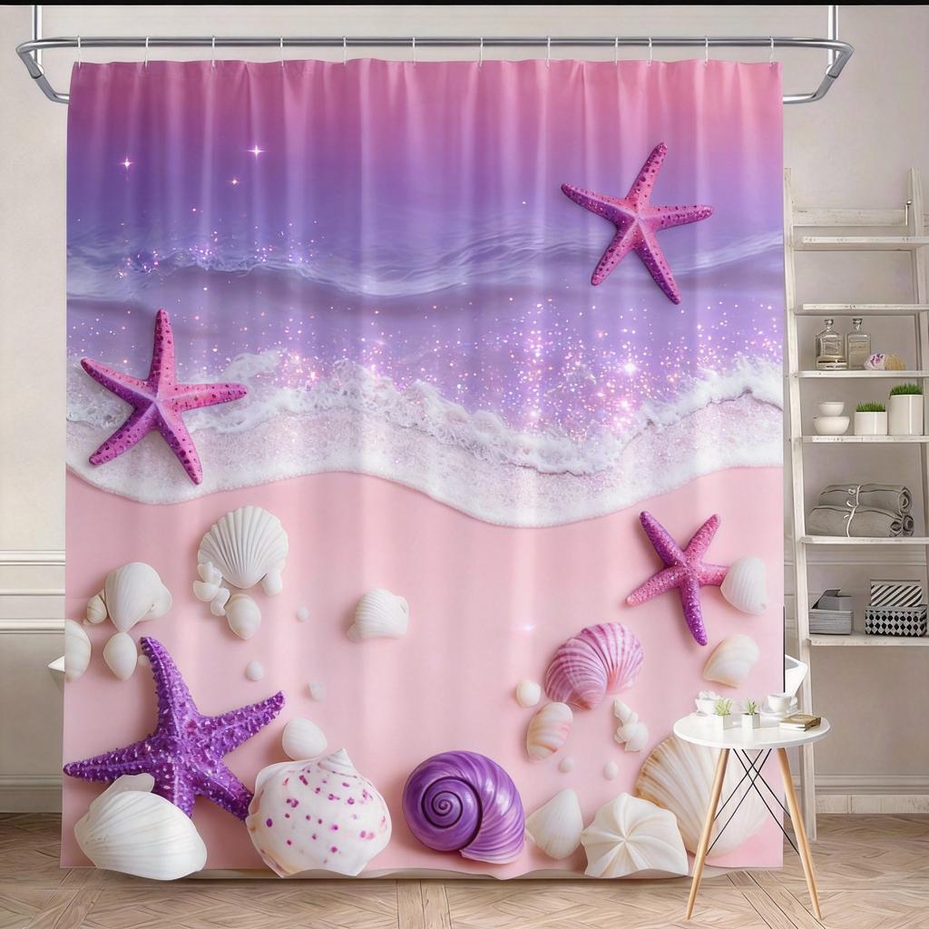 Beach Shower Curtain 180x180cm – Coastal Waves, Sandy Shore & Seashells in Neutral Tones, Ocean Bathroom Decor, 12 Hooks