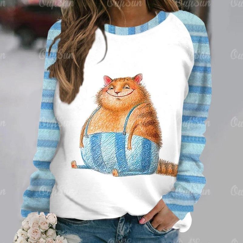 Mode Kawaii Katt Djur Tryck Långärmade T-shirts För Kvinnor Sweatshirts Dam Söt O-Hals Pullover Kvinna T-shirts Topp Kläder