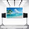 2D Banner Polyester Background Fabric Tropical Beach Scene Featuring Palm Trees Clear Blue Waters and Distant Islands